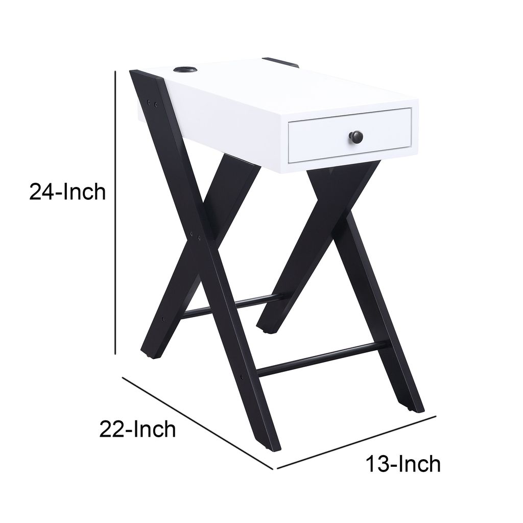 Wooden Frame Side Table with X Shaped Legs and 1 Drawer, White and Black - View 5
