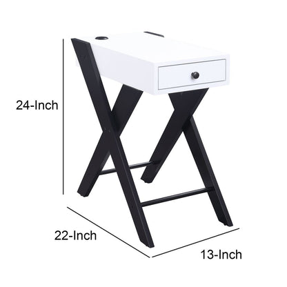 Wooden Frame Side Table with X Shaped Legs and 1 Drawer, White and Black - View 5