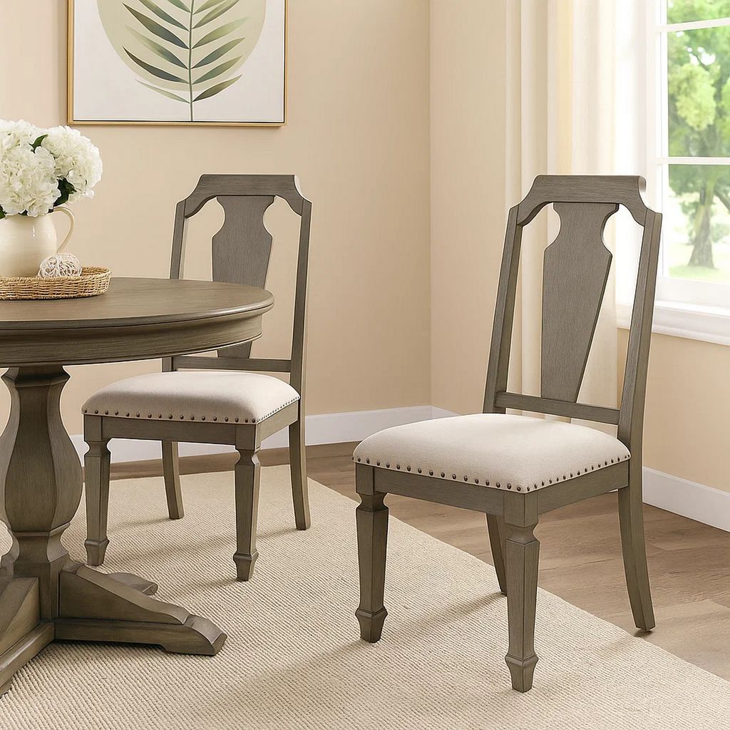 Side Chair with Fabric Seat and Fiddle Back, Set of 2, Brown - View 7