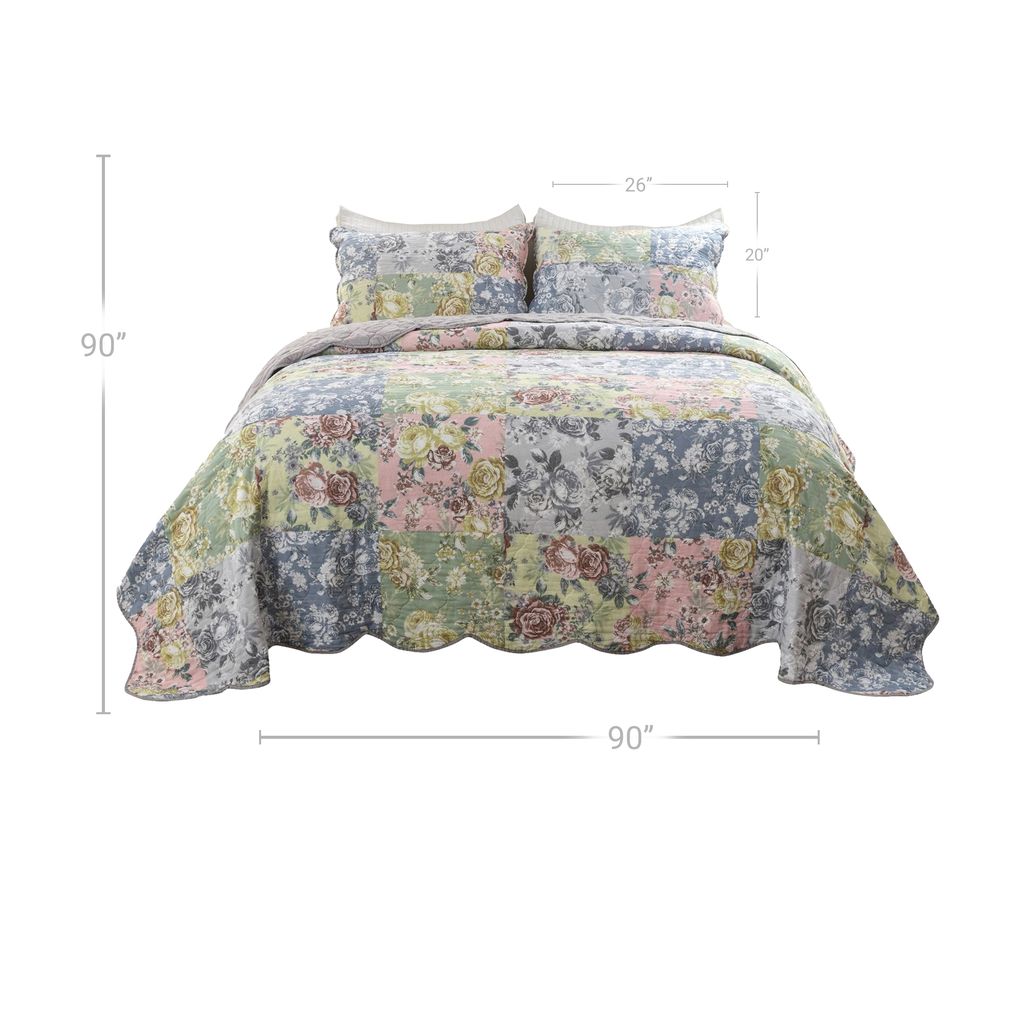Eni 3 Piece Queen Cotton Quilt Set, Vibrant Pastel Blue Flowers, Scalloped - View 5