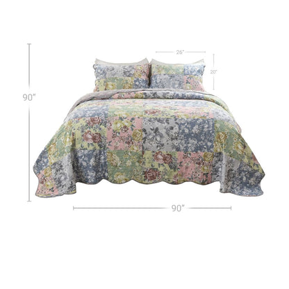 Eni 3 Piece Queen Cotton Quilt Set, Vibrant Pastel Blue Flowers, Scalloped - View 5
