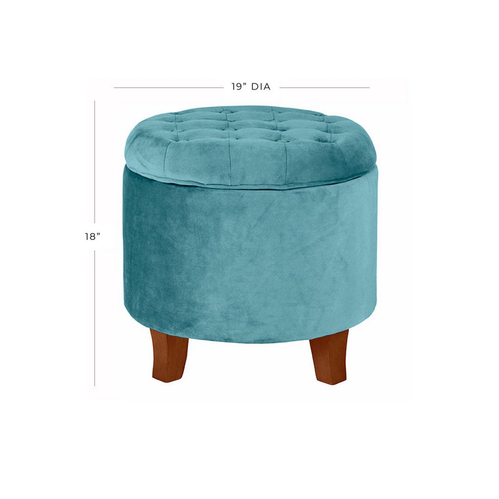 Button Tufted Velvet Upholstered Wooden Ottoman with Hidden Storage, Blue and Brown - View 6
