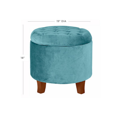 Button Tufted Velvet Upholstered Wooden Ottoman with Hidden Storage, Blue and Brown - View 6