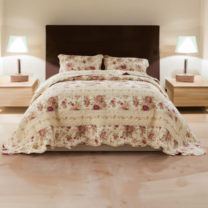 Rosle 3 Piece Queen Bedspread Set, Floral Print, Scalloped, Cream, Pink - View 7