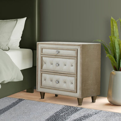 Matt 30 Inch Modern Nightstand, 3 Drawers, Velvet Tufted, Ivory Light Brown - View 6