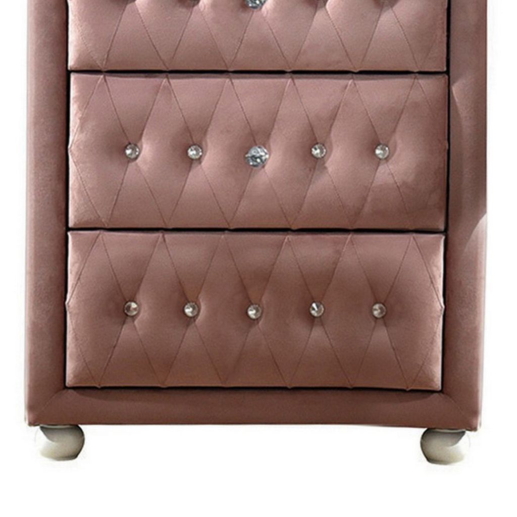 Rex 38 Inch Tall Upholstered Dresser Chest, 4 Drawer, Crystal Handles, Pink - View 4