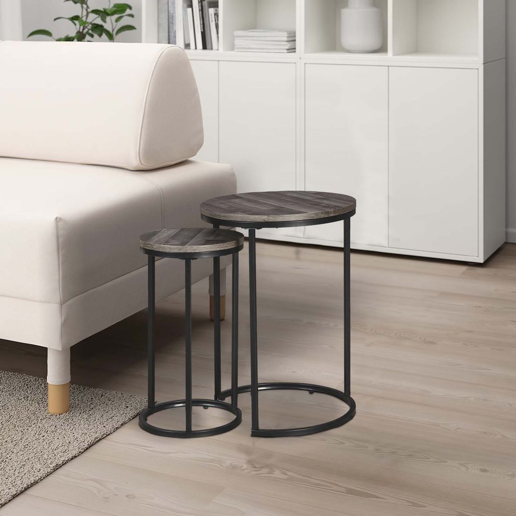 Round Wooden Top Metal Accent Table, Set of 2, Gray and Black - View 7