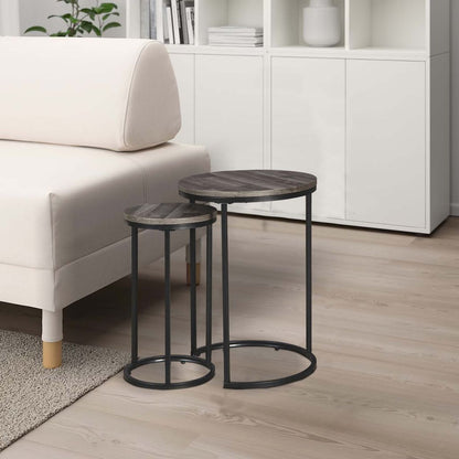 Round Wooden Top Metal Accent Table, Set of 2, Gray and Black - View 7