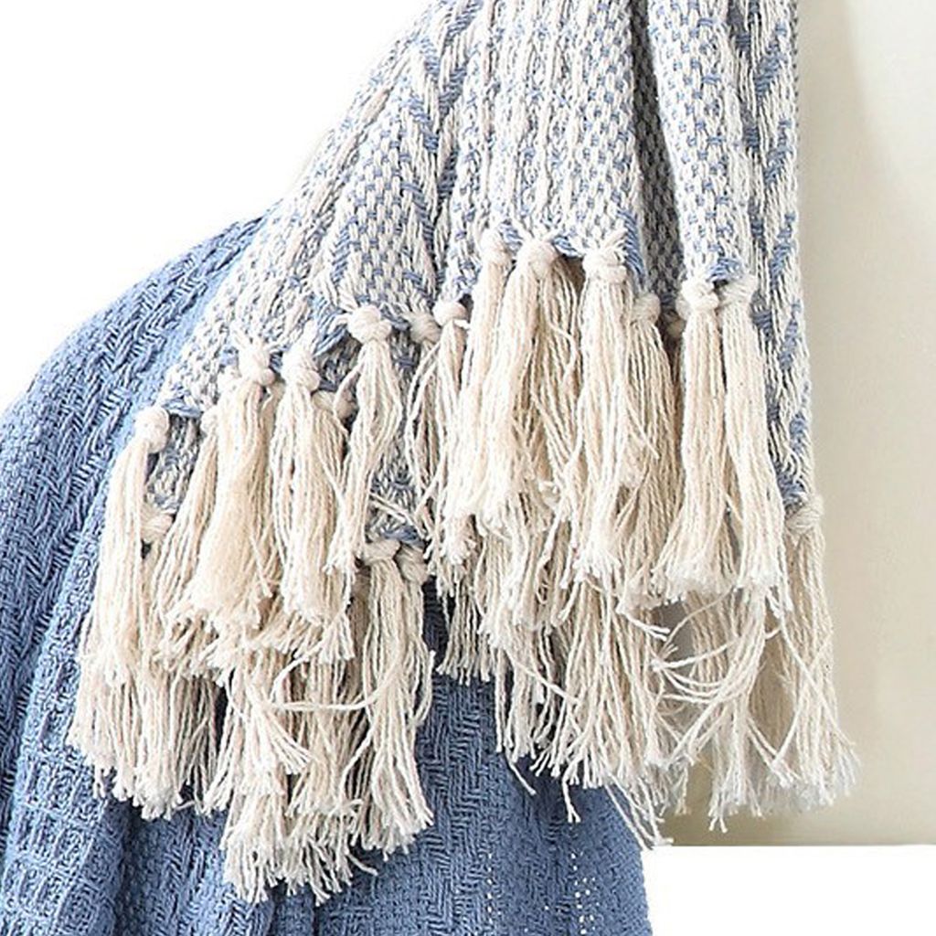 Latina Cotton Throw with Decorative Fringe The Urban Port, Set of 2, Blue - View 3
