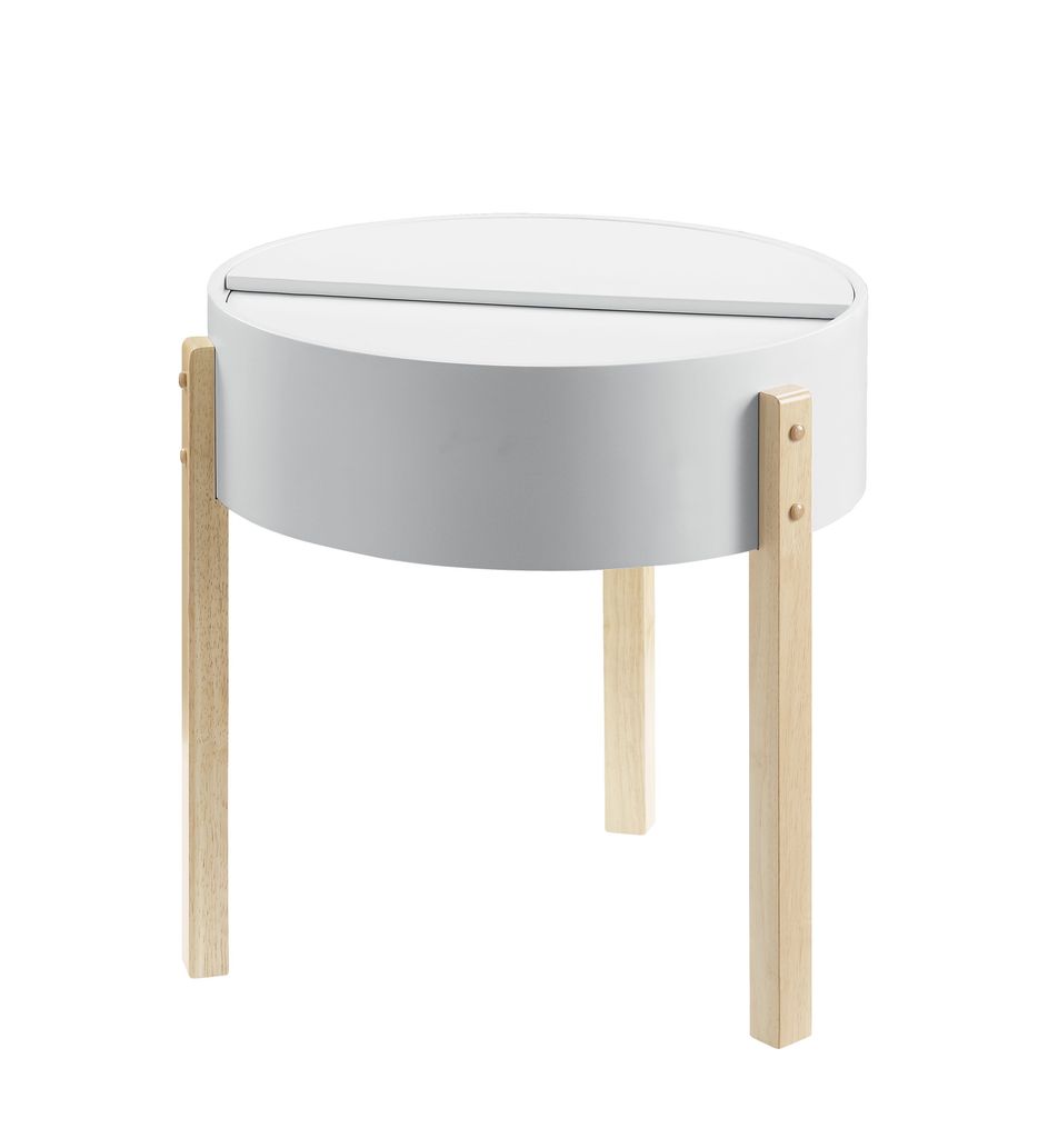 Round Wooden End Table with Hidden Storage, White and Brown - View 3