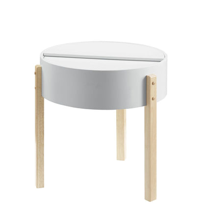 Round Wooden End Table with Hidden Storage, White and Brown - View 3