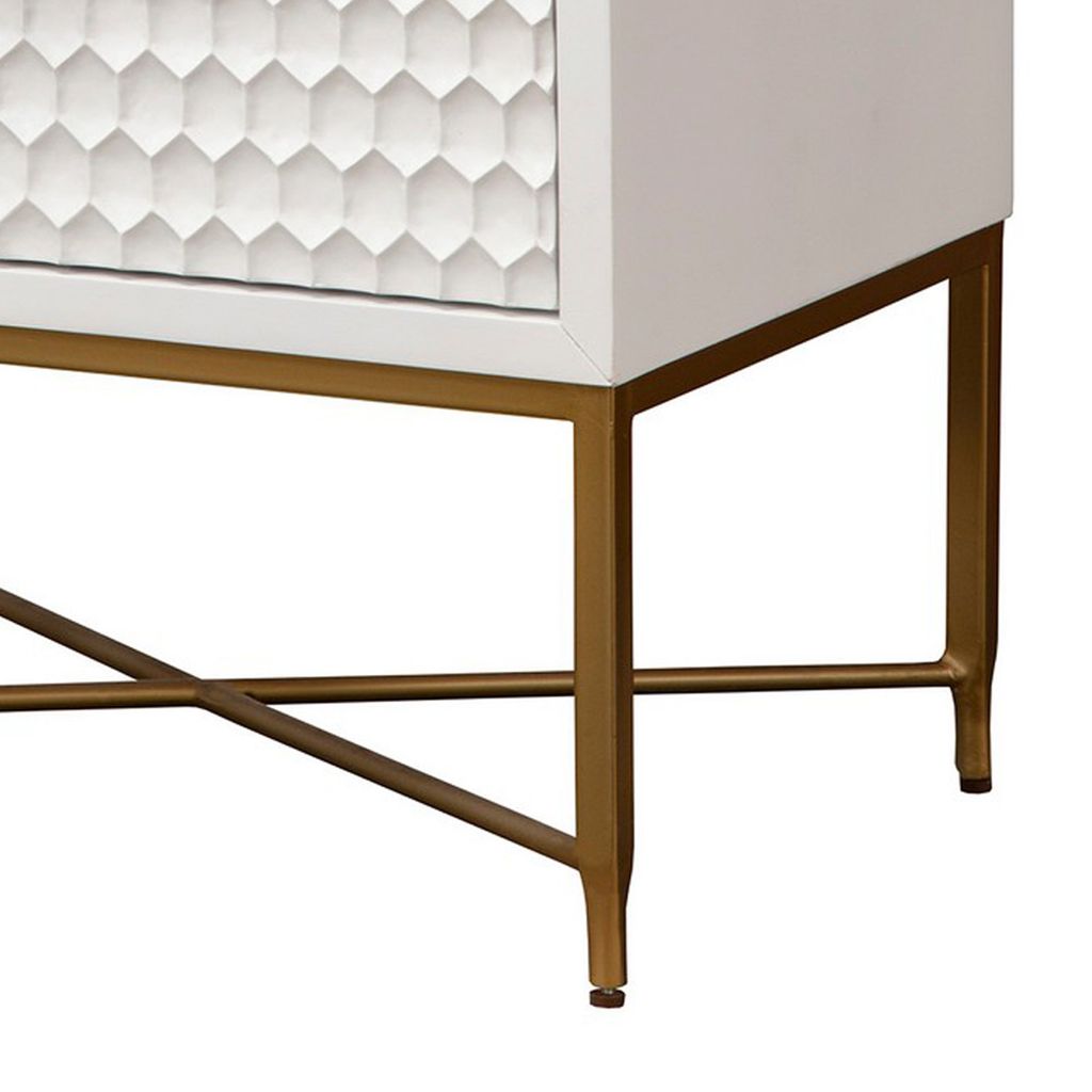 Rexi 26 Inch 2 Drawer Nightstand, Honeycomb, Mahogany Wood, White, Gold - View 4