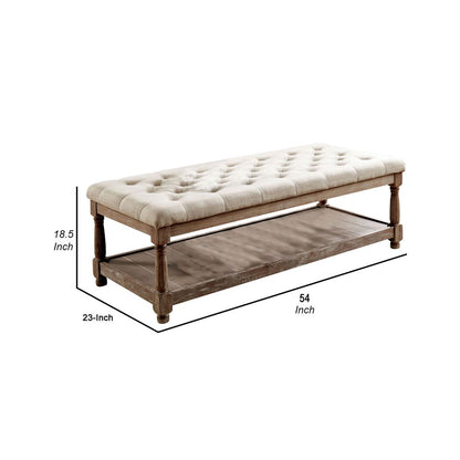 Button Tufted Fabric Upholstered Bench with Bottom Shelf, Beige and Brown - View 6