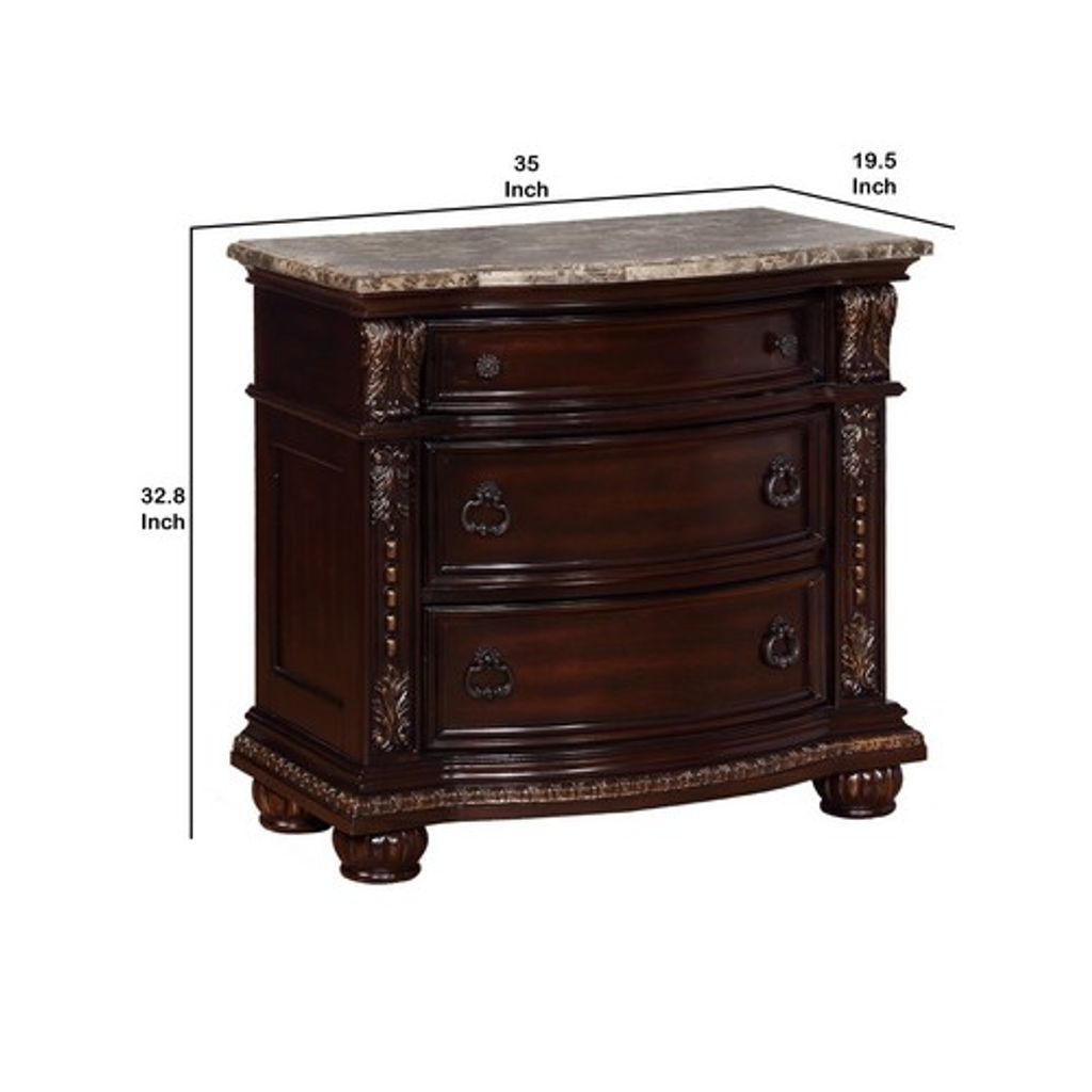 Sany Wooden Nightstand with Three Spacious Drawers and Bun Feet, Cherry Brown - View 6
