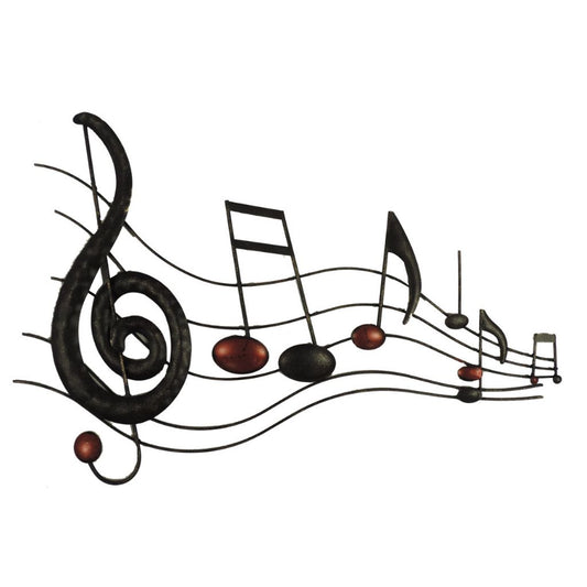 26 Inch Handmade Metal Wall Mount Accent Decor with Musical Notes and Treble Clef, Black, Red