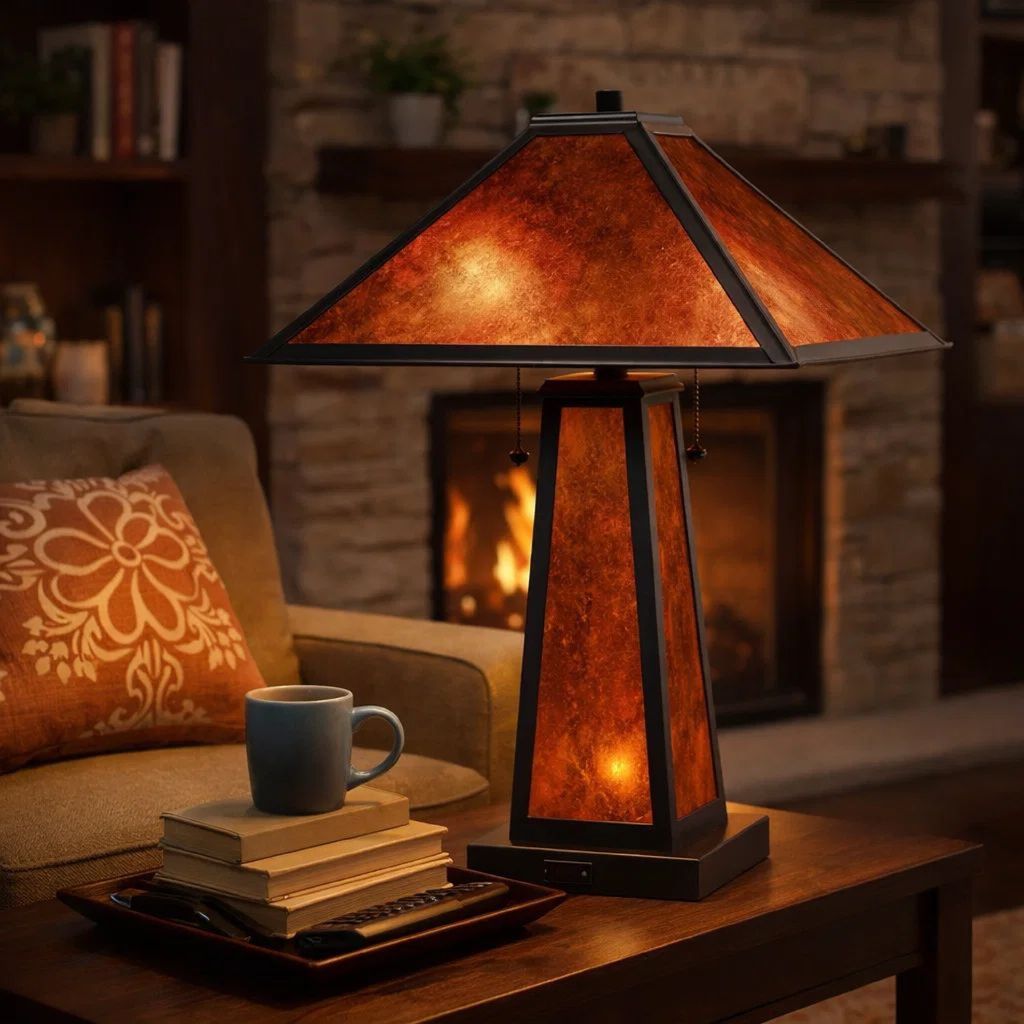 24 Inch Elegant Mica Table Lamp With Night Light, Pull Chain Switch - View 7