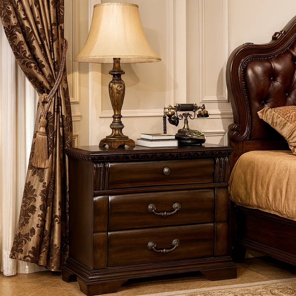 28 Inch Bedside Nightstand, 3 Drawers with Pewter Handles, Classic Dark Cherry Brown Solid Wood - View 7