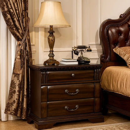 28 Inch Bedside Nightstand, 3 Drawers with Pewter Handles, Classic Dark Cherry Brown Solid Wood - View 7