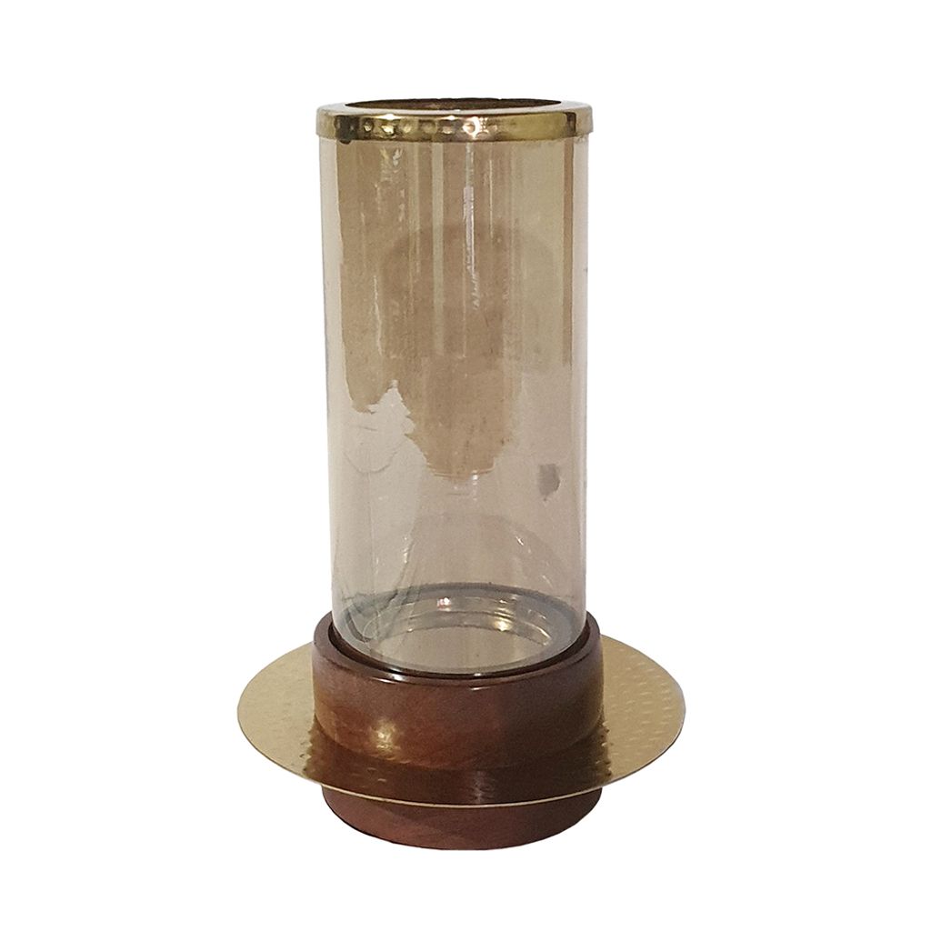11 Inch Glass Hurricane Candle Holder, Acacia Wood, Small, Gold FInish