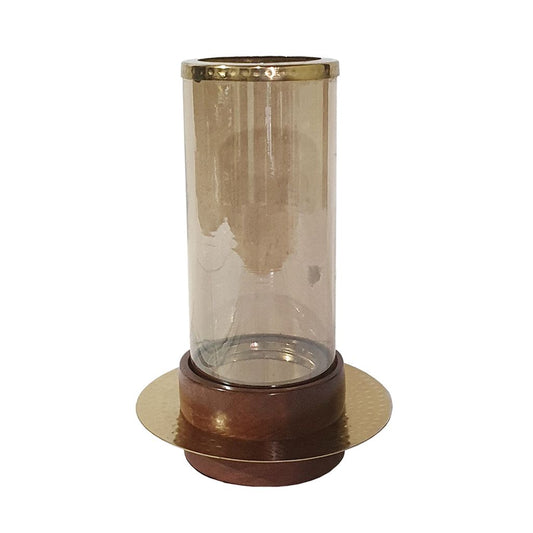 11 Inch Glass Hurricane Candle Holder, Acacia Wood, Small, Gold FInish