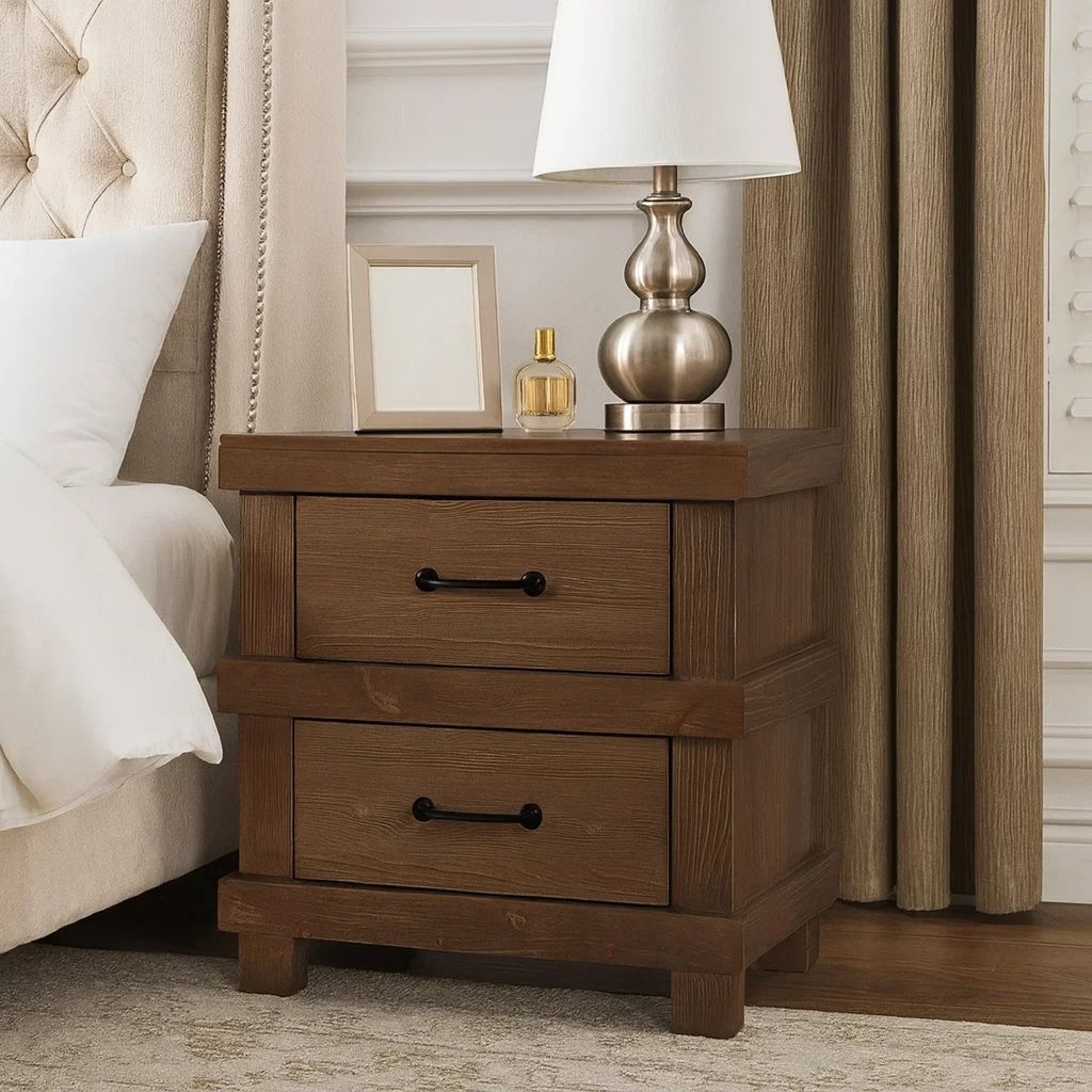 Two Drawer Nightstand With Metal Handle, Antique Oak - View 7