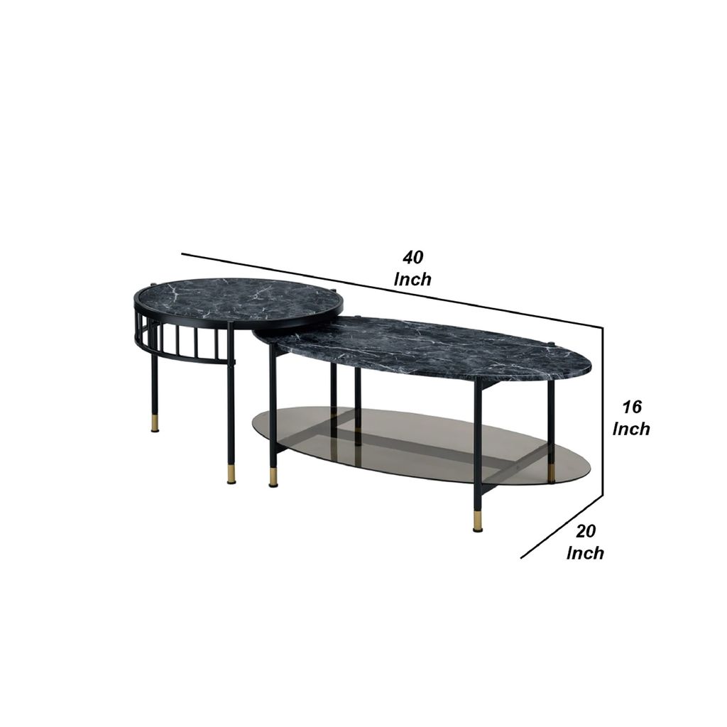 40 Inch 2 Piece Nesting Coffee Table, Faux Marble Top, Glass Shelf, Black - View 6