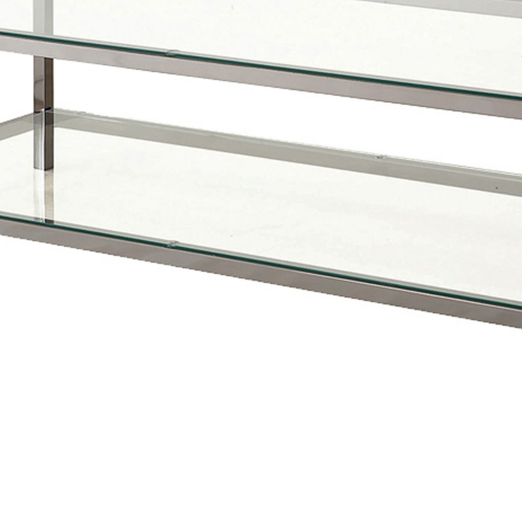 Glass Top Coffee Table with Metal Frame and Open Shelf, Silver - View 3