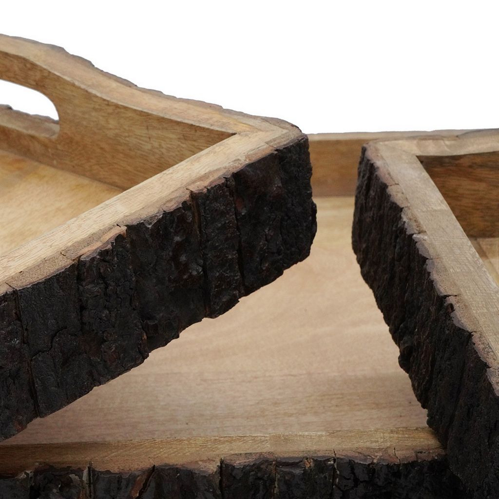 20, 18, 16 Inch Set of 3 Wood Serving Trays, Tree Bark Accent, Natural Brown - View 3