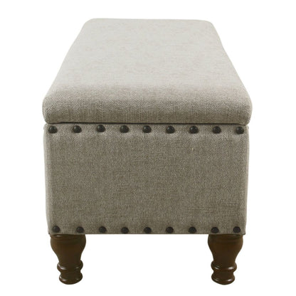 Textured Fabric Upholstered Wooden Storage Bench With Nail head Trim, Large, Beige and Brown - View 5