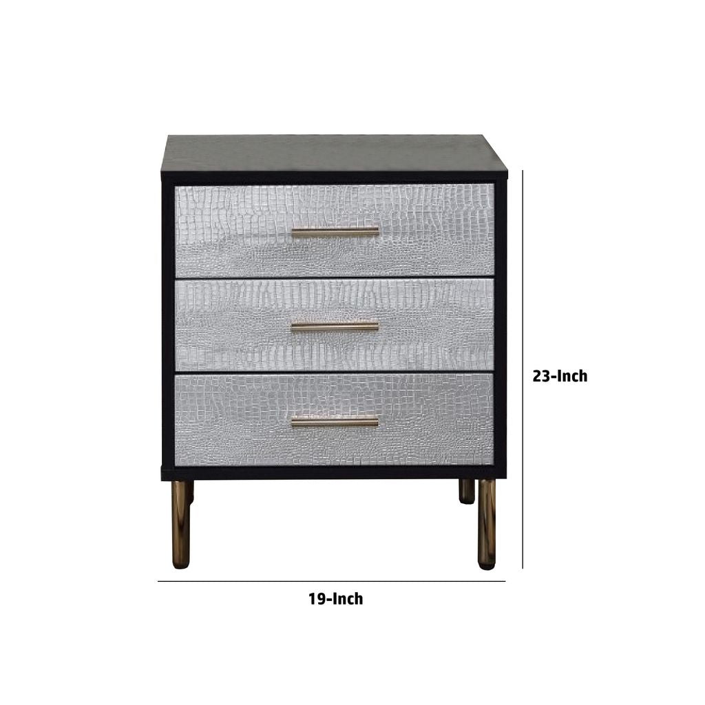 San 19 Inch Glamorous Style Nightstand, 3 Drawers, Black, Silver, Gold - View 6