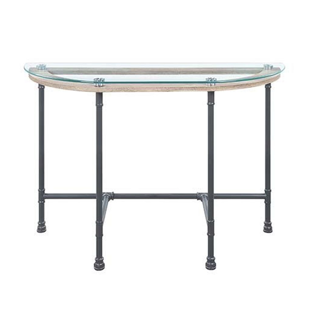 Wood Side Table, Oval Tempered Glass Top, Metal Pipe Style Legs, Clear Glass, Sandy Gray - View 3