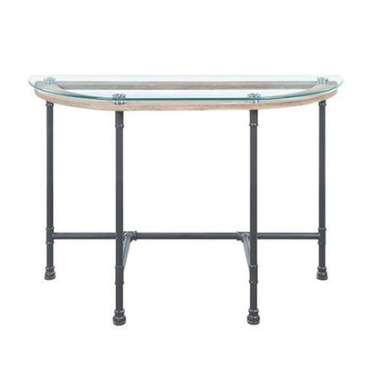 Wood Side Table, Oval Tempered Glass Top, Metal Pipe Style Legs, Clear Glass, Sandy Gray - View 3