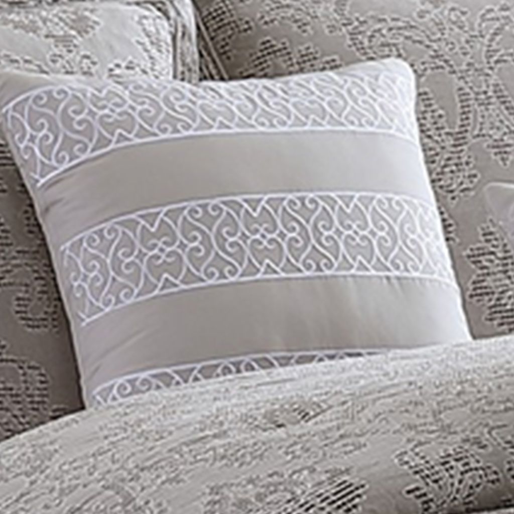 10 Piece King Cotton Comforter Set with Textured Floral Print, Gray - View 5
