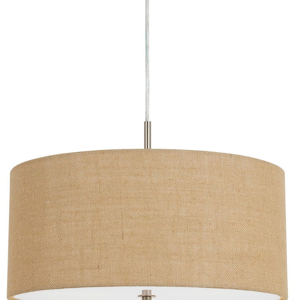 Metal Pendant Lighting with Fabric Circular Drum Shade and Cord, Beige - View 3