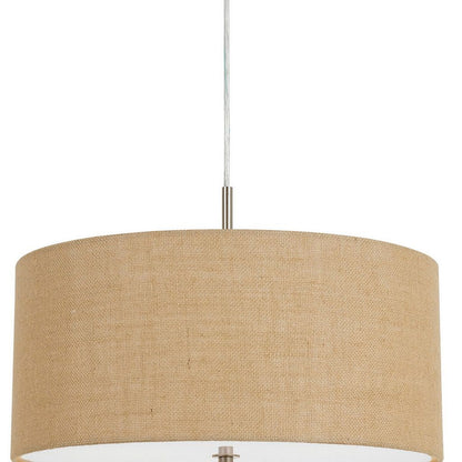 Metal Pendant Lighting with Fabric Circular Drum Shade and Cord, Beige - View 3