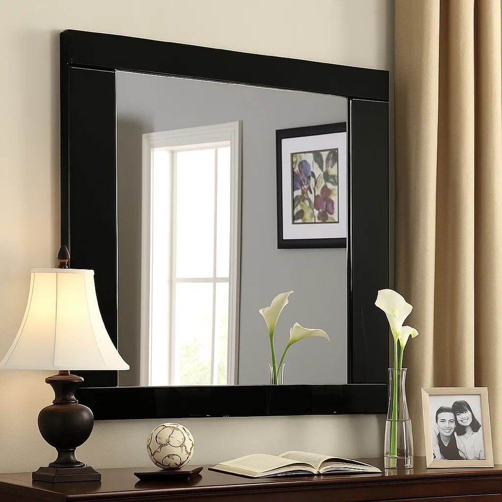 Cari 37 Inch Rectangular Mirror with Wooden Frame, Black - View 7