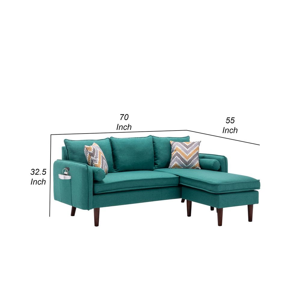 Ranon 70 Inch Sectional Chaise Sofa, Pillows, USB Ports, Side Pockets, Teal - View 5