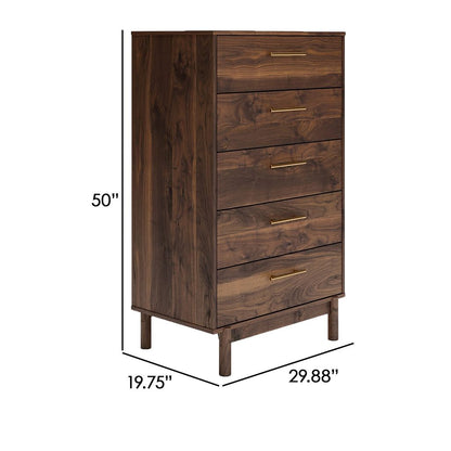 Kip 50 Inch 5 Drawer Modern Tall Dresser Chest, Dark Brown, Gold Handles - View 5