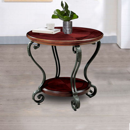 Round Wood and Metal End Table with Scroll Details, Brown - View 5