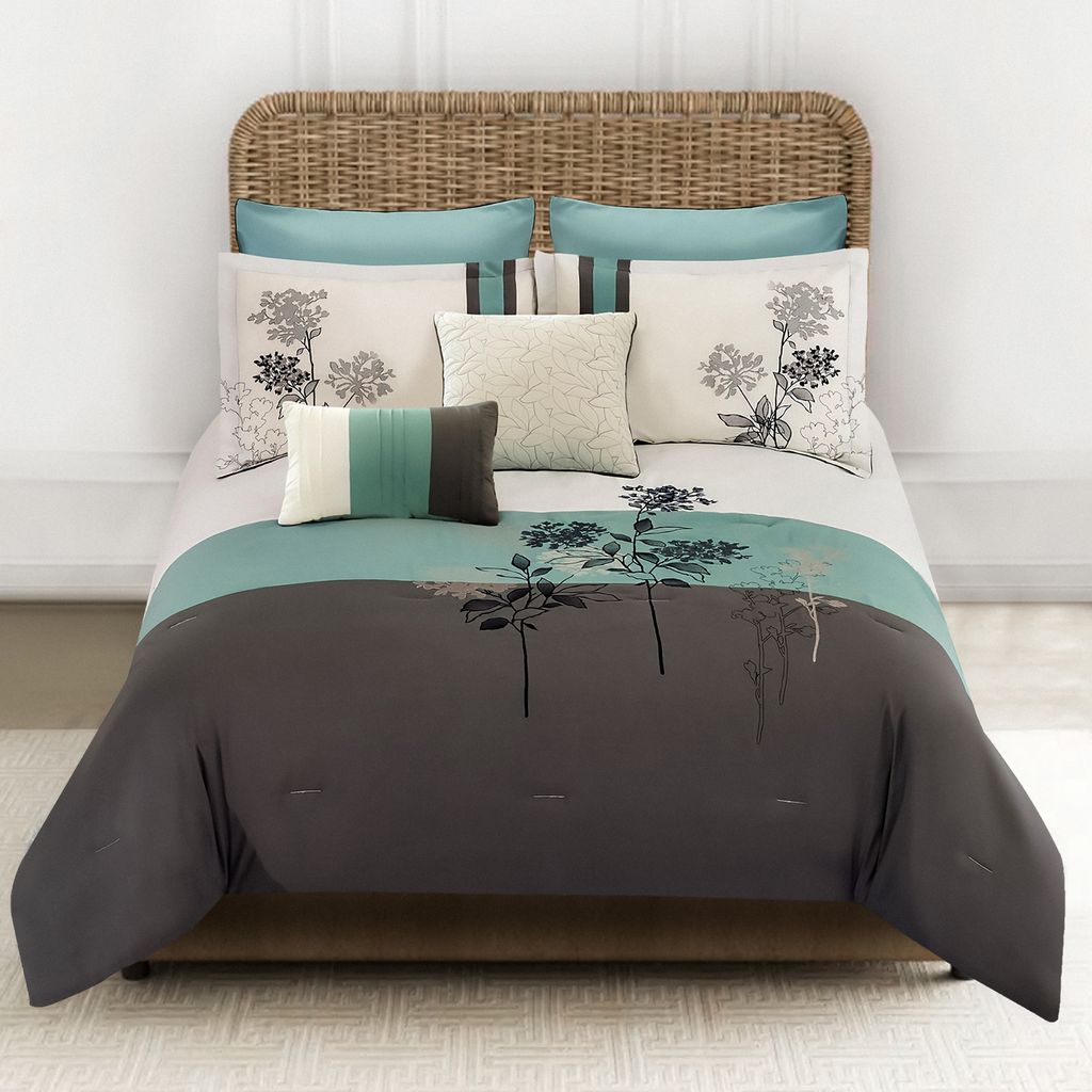 8 Piece King Polyester Comforter Set with Floral Embroidery, Multicolor - View 6