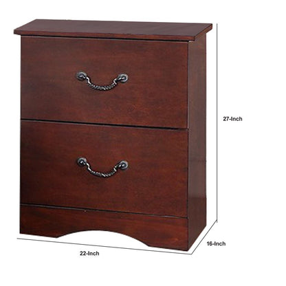 Bran 27 Inch 2 Drawer Nightstand, Pine Wood, Grain Details, Cherry Brown - View 5