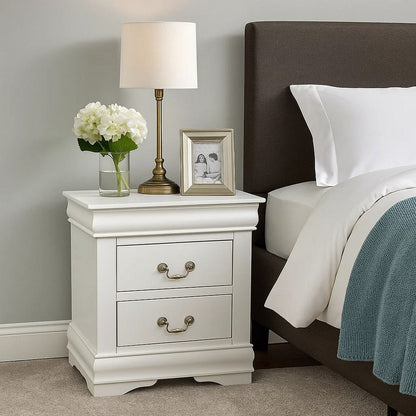 2 Drawer Wooden Nightstand with Metal Hanging Pulls and Bracket Feet, White - View 7