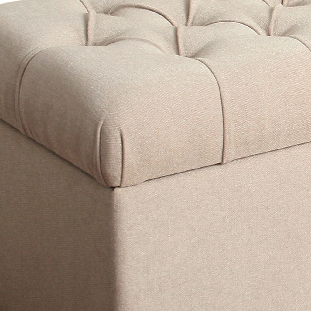 Fabric Upholstered Button Tufted Wooden Bench With Hinged Storage, Cream and Brown - View 5