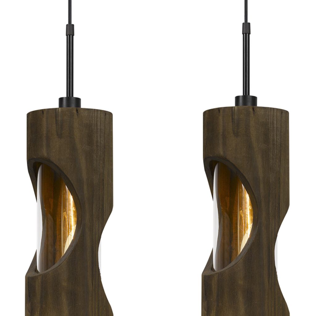 4 Light Metal Frame Pendant Fixture with Wooden and Glass Shades, Brown - View 4
