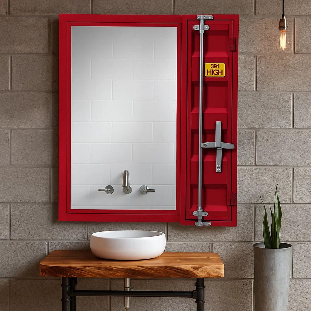 Industrial Style Metal Vanity Mirror with Recessed Door Storage, Red - View 7