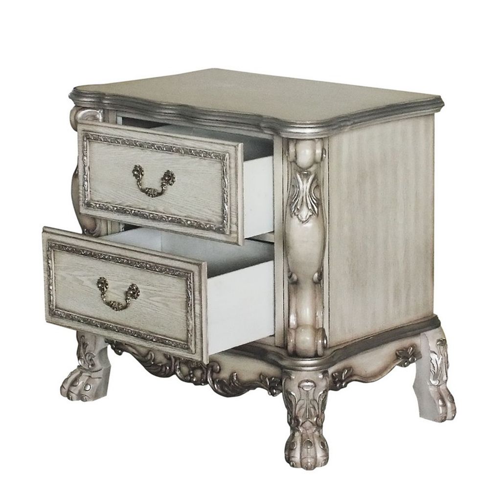 Traditional Wooden Nightstand with 2 Drawers and Carved Details, Silver - View 3