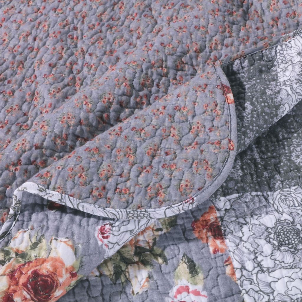 Microfiber Quilt and 1 Pillow Sham Set with Floral Prints, Multicolor - View 4