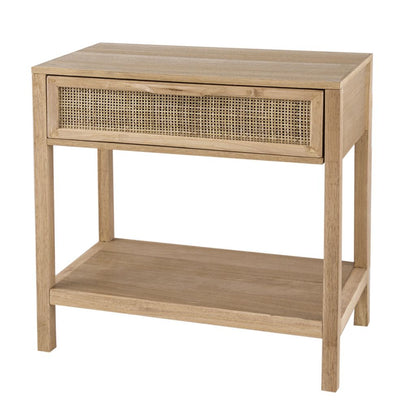 Rosette 22 Inch Accent Side Table, Rattan Front Drawer, Open Shelf, Natural Brown Mango Wood Frame