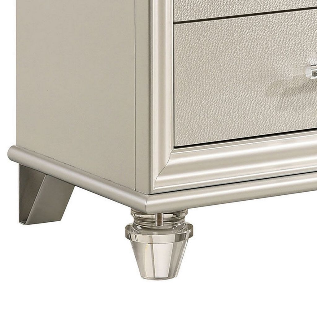 2 Drawer Nightstand with Acrylic Feet and Crystal Accents, Silver - View 4