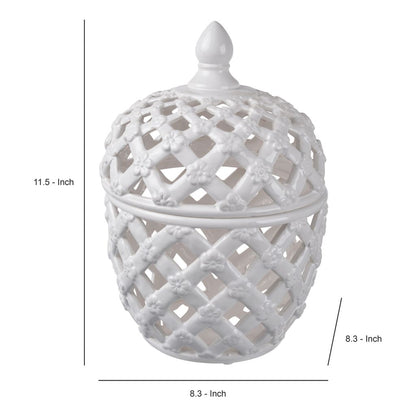 Decorative Ceramic Lidded Jar with Cut Out Texture, Large, White - View 6